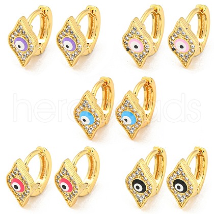 Rhombus with Evil Eye Real 18K Gold Plated Brass Hoop Earrings EJEW-L269-070G-1