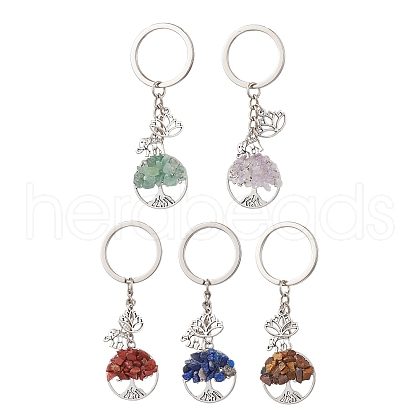 5Pcs 5 Styles Tree of Life Natural Amethyst & Tiger Eye & Red Jasper & Lapis Lazuli & Green Aventurine Pendant Keychains KEYC-JKC00924-1