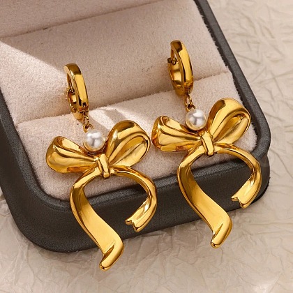 304 Stainless Steel Bowknot Hoop Earrrings EJEW-U065-04G-1
