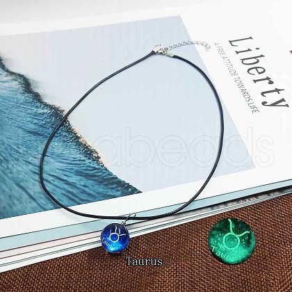 Zinc Alloy & Luminous Blue Glass Flat Round with Constellation Pendant Black Waxed Cord Necklaces WG9F396-03-1