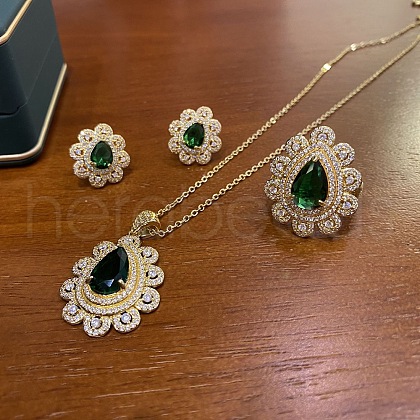 Teardrop 201 Stainless Steel Rhinestone Pendant Necklace & Stud Earring & Rings Sets FS-WG457D4-01-1