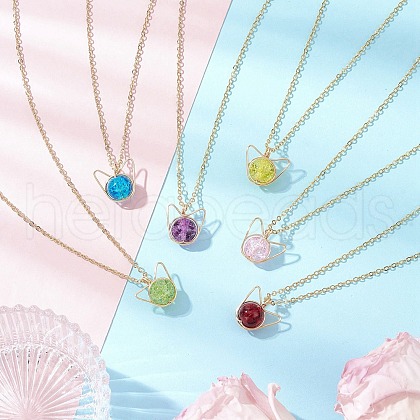 Glass Cat Shape Copper Wire Wrapped Pendant Necklaces NJEW-JN05258-1
