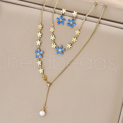 Flower Stainless Steel & Plastic Pearl Pendant Slider Necklace & Stud Dangle Earring & Link Bracelet FS-WG91D37-01-1