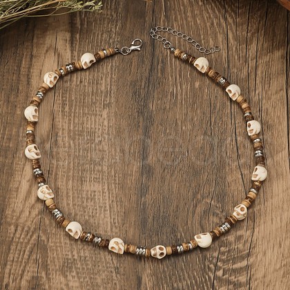 Skull Dyed Synthetic Turquoise & Coconut Heishi Beaded Necklaces for Men FS-WGB0857-02-1