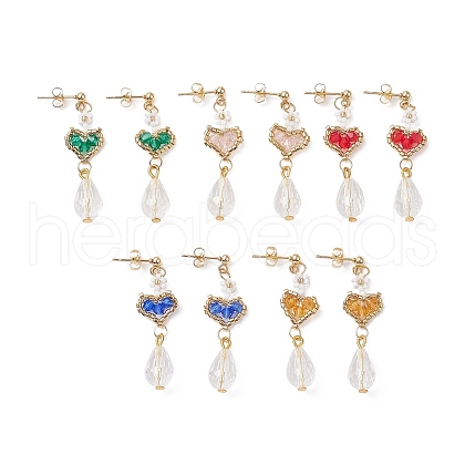 Glass Heart with Acrylic Flower Dangle Stud Earrings EJEW-MZ00077-1