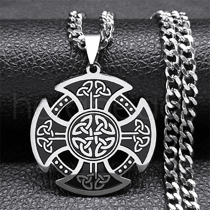 304 Stainless Steel Black Enamel Viking Kont Cross Pendant Necklaces NJEW-H065-12P-1