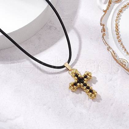 Cross Glass Sead Beaded Pendant Necklaces NJEW-MZ00093-01-1