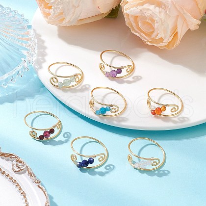 7Pcs Copper Wire Wrapped Gemstone Faceted Round Bead Finger Rings for Women RJEW-JR00892-1