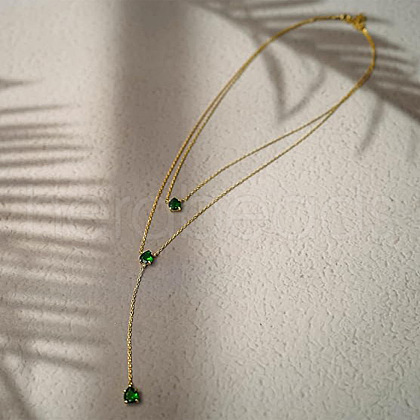 Teardrop 304 Stainless Steel Green Cubic Zirconia Pendant Double Layer Y Necklaces for Women FS-WGFDBB9-01-1