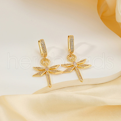 Elegant Brass Clear Cubic Zirconia Dragonfly Hoop Earrings FN5869-1-1