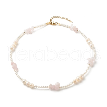 Natural Rose Quartz Chip Beaded Necklace for Girl Women NJEW-TA00016-02-1