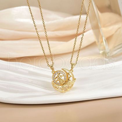 2Pcs Brass Pave Clear Zirconia Magnetic Couple Sun Moon Wings Pendant Necklaces WG8E766-09-1
