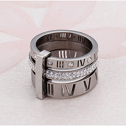 Roman Numerals 304 Stainless Steel & Crystal Rhinestone Finger Rings FS-WGD9A22-44-1
