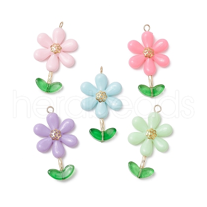 Opaque Acrylic Flower Beads with Iron Bead Caps and 304 Stainless Steel Flat Head Pins and Spray Painted Transparent Glass Beads Pendants PALLOY-JF03617-01-1