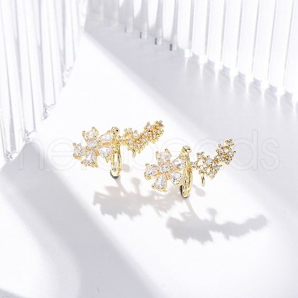 Rack Plating Flower Brass Micro Pave Clear Cubic Zirconia Cuff Earrings EJEW-H147-15G-1