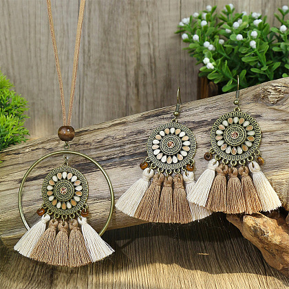 Alloy & Wood Tassel Pendant Necklace & Dangle Earring FS-WGEEC72-04-1