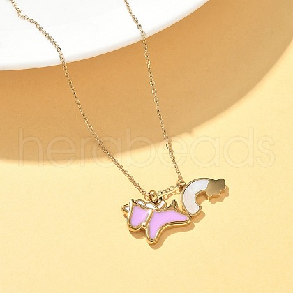 304 Stainless Steel Pearl Pink Enamel & Natural White Shell Pendant Unicorn Rainbow Pendant Necklaces for Women NJEW-M101-02G-1
