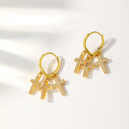 Elegant Brass Clear Cubic Zirconia Cross Hoop Earrings PE6845-1