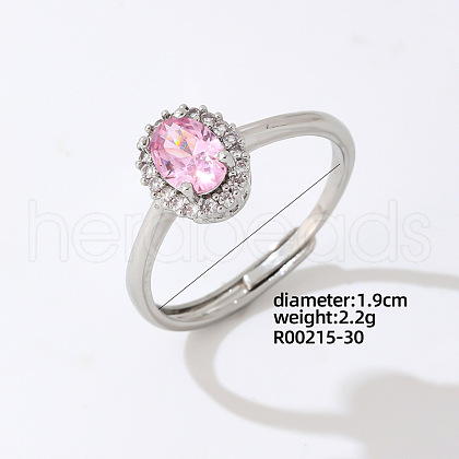 Mother's Day Rings Oval Platinum Brass Adjustable Ring with Pink Cubic Zirconia EG7863-24-1