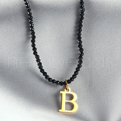 304 Stainless Steel Initial Pendant Black Glass Faceted Round Beaded Pendant Necklaces for Women FS-WGC61DE-02-1