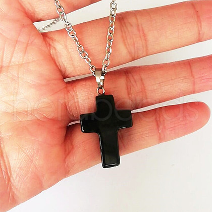 Natural Black Stone Cross Pendant Necklace FS-WGC9DE4-07-1