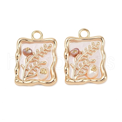 Brass Enamel & Natural Pearl Rectangle with Flower Pendants KK-K351-51G-02-1