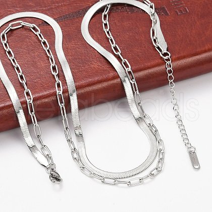 Non-Tarnish 304 Stainless Steel Paperclip & Herringbone Chains Double Layer Necklace for Men Women NJEW-E046-01P-1