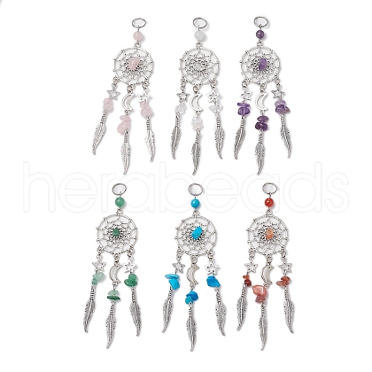 6Pcs 6 Styles Natural & Synthetic Mixed Gemstone & Alloy Woven Web/Net with Feather Big Pendants PALLOY-JF03443-1