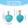 FIBLOOM 15Pcs 15 Styles Heart Gemstone Pendants G-FI0001-34-2