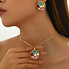 Flat Round Brass & Resin & Rhinestone Pendant Necklaces & Stud Earrings Sets FS-WG2BFFC-01-2