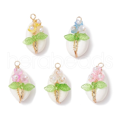 Natural Cowrie Shell Copper Wire Wrapped Flower Pendants PALLOY-JF03833-1