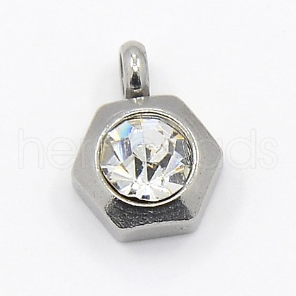 201 Stainless Steel Rhinestone Hexagon Charm Pendants RB-M030-02J-1