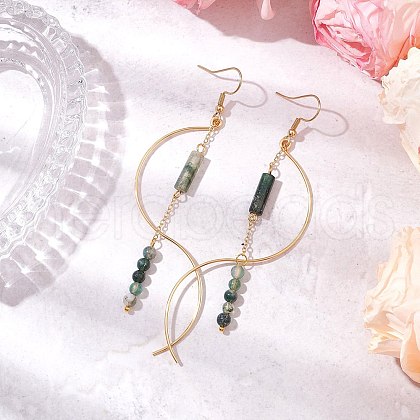 Column Natural Moss Agate Dangle Earrings EJEW-JE06335-05-1