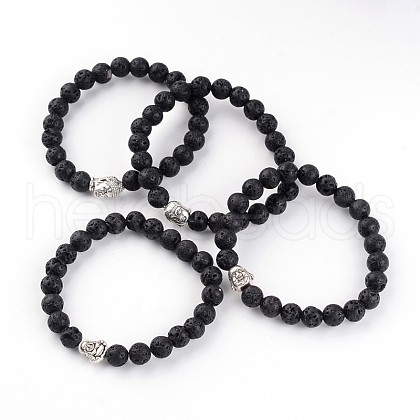 Buddha Head Natural Lava Rock Beaded Stretch Bracelets BJEW-JB02230-1