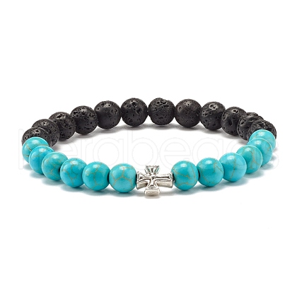 Round Synthetic Turquoise & Natural Lava Rock Stretch Bracelet BJEW-JB07470-03-1