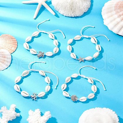Natural Cowrie Shell & Alloy Charm Beaded Braided Bead Bracelets for Women BJEW-JB11905-1