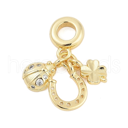 Brass Micro Pave Clear Cubic Zirconia Ladybirds & Horseshoe & Clover European Dangle Charms KK-G522-28G-1