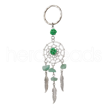 Woven Net/Web with Feather Alloy & Natural Green Aventurine & Glass Seed Keychains KEYC-MZ00041-01-1