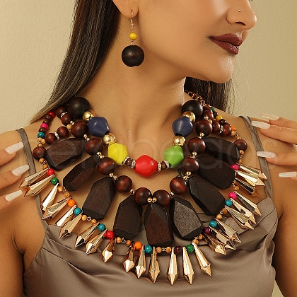 Wood with Plastic Multilayer Necklace & Round Beaded Dangle Earring FS-WGCB179-01-1