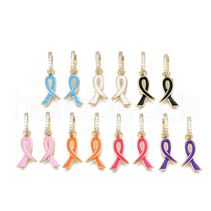 Awareness Ribbon Brass Micro Pave Clear Cubic Zirconia Huggie Hoop Earrings EJEW-Q023-001-NR-1