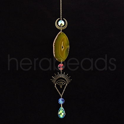 Natural Agate Piece & Metal Evil Eye Moon Hanging Ornaments PW-WG66301-05-1