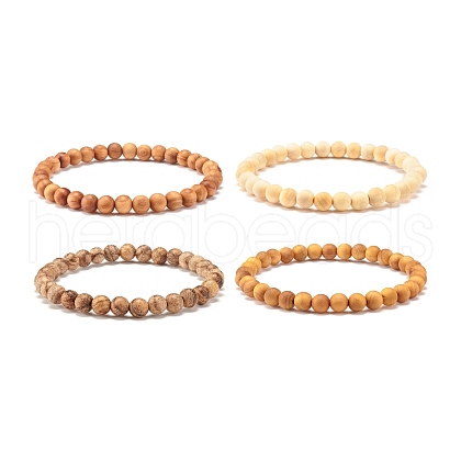 6mm Round Natural Mixed Wood Beads Stretch Bracelet BJEW-JB07360-1