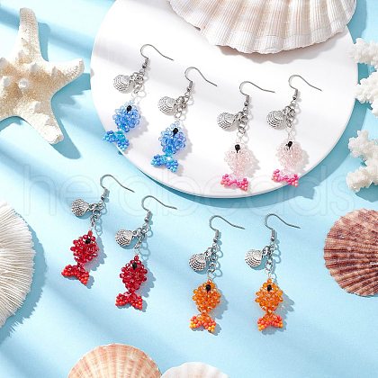 Fish with Shell Shape 304 Stainless Steel Glass Beads Dangle Earrings EJEW-MZ00436-1