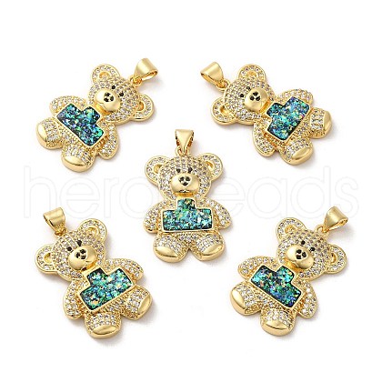 Rack Plating Brass Micro Pave Cubic Zirconia with Synthetic Opal Pendants KK-D088-37G-1