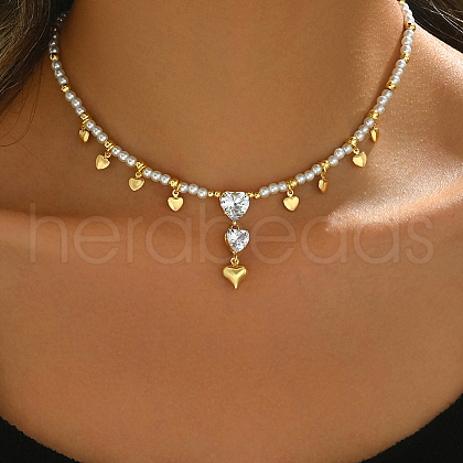 Round Shell Pearl Beaded Brass Pave Clear Cubic Zirconia Heart Pendant Necklaces for Women VQ1969-2-1