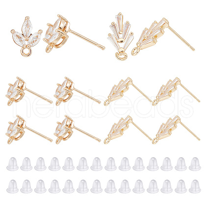 HOBBIESAY 12Pcs 2 Style Brass Micro Pave Clear Cubic Zirconia Leaf Stud Earring Findings KK-HY0001-77-1