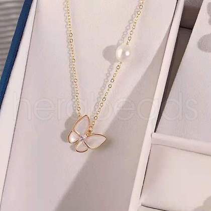 Mother's Day Jewellery Butterfly Brass Pave Natural Shell Pendant Necklaces WG9742F-01-1