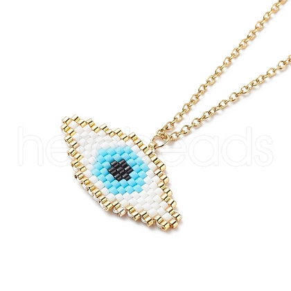 Japanese Seed Braided Rhombus with Evil Eye Pendant Necklace with 304 Stainless Steel Chains for Women NJEW-MZ00002-1
