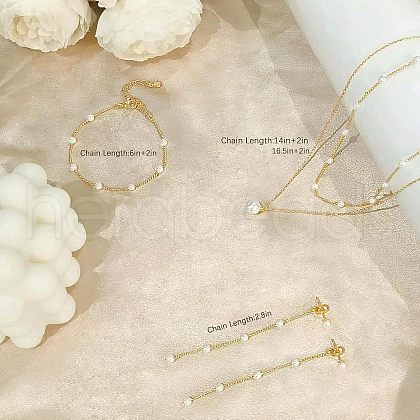 Brass & Plastic Pearl Round Beaded Double Layer Necklace & Bracelet & Stud Dangle Earrings Sets FS-WG9B395-01-1