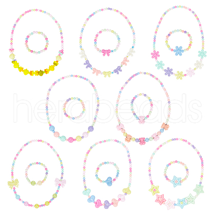 ANATTASOUL 8 Sets 8 Style Heart & Bowknot & Flower & Star & Bear Plastic Pendant Necklaces & Stretch Bracelets SJEW-AN0001-37-1